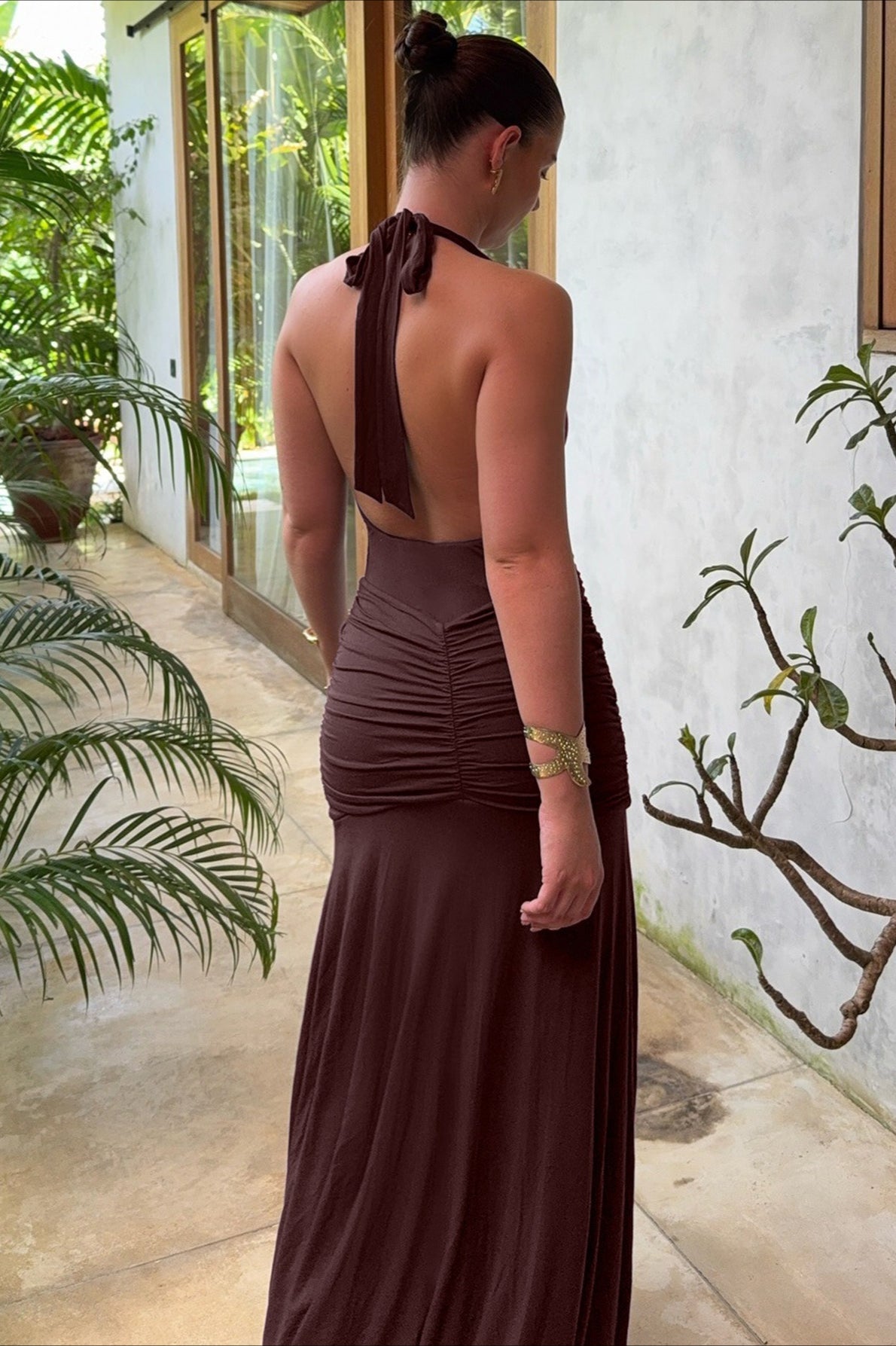 Halter V-Neck Backless Ruched High Slit Party Dress