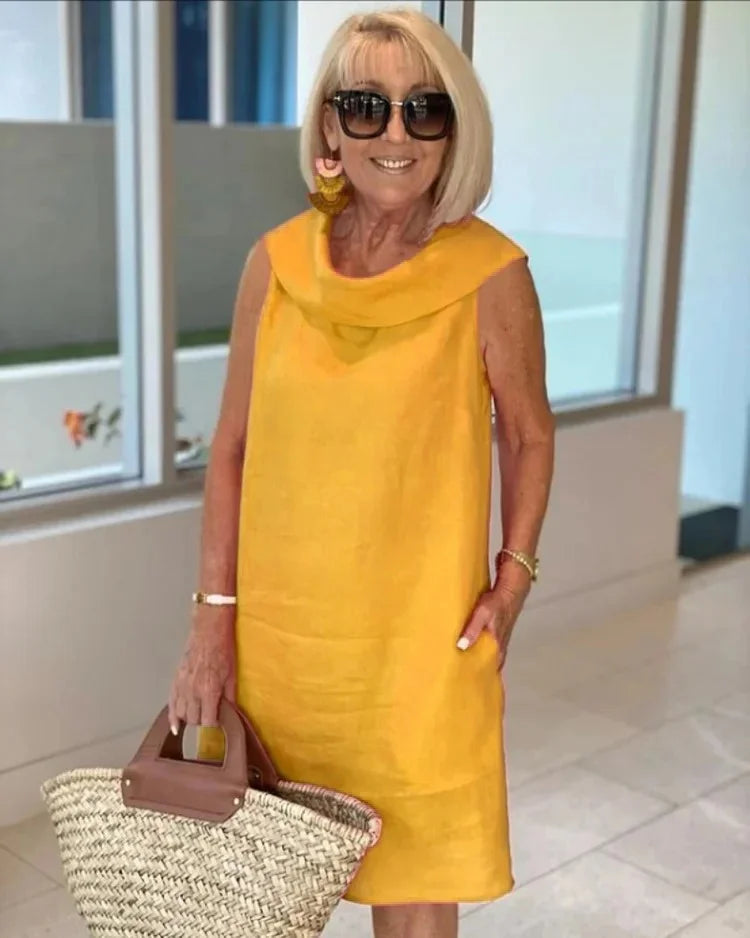 Cowl Neck Sleeveless Linen Pocket Shift Midi Dress