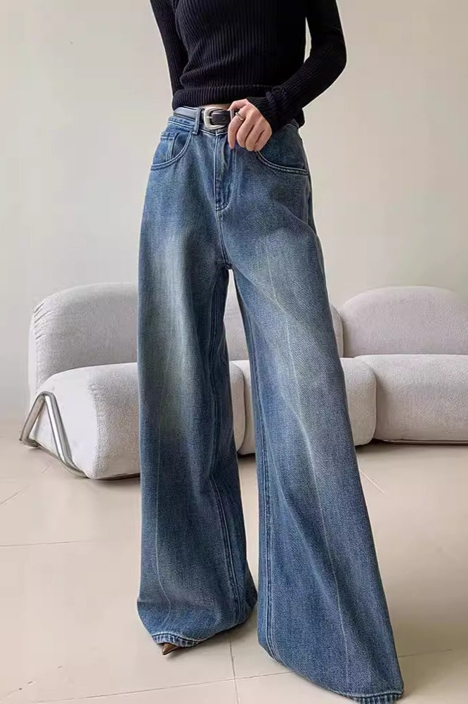 Blue Washed Casual High Waist Relaxed Long Jeans