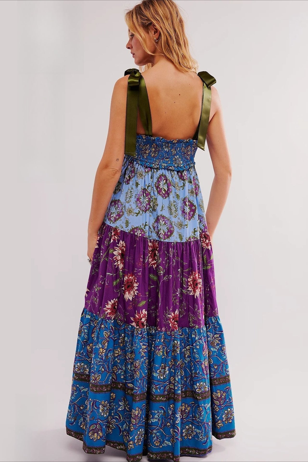 Smocked V Neck Bow Shoulder Strap Mixed Floral Tiered Maxi Dress 8