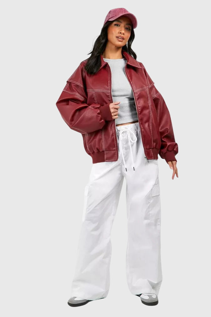 Red Spread Collar Contrast Stitch Oversized Leather Jacket
