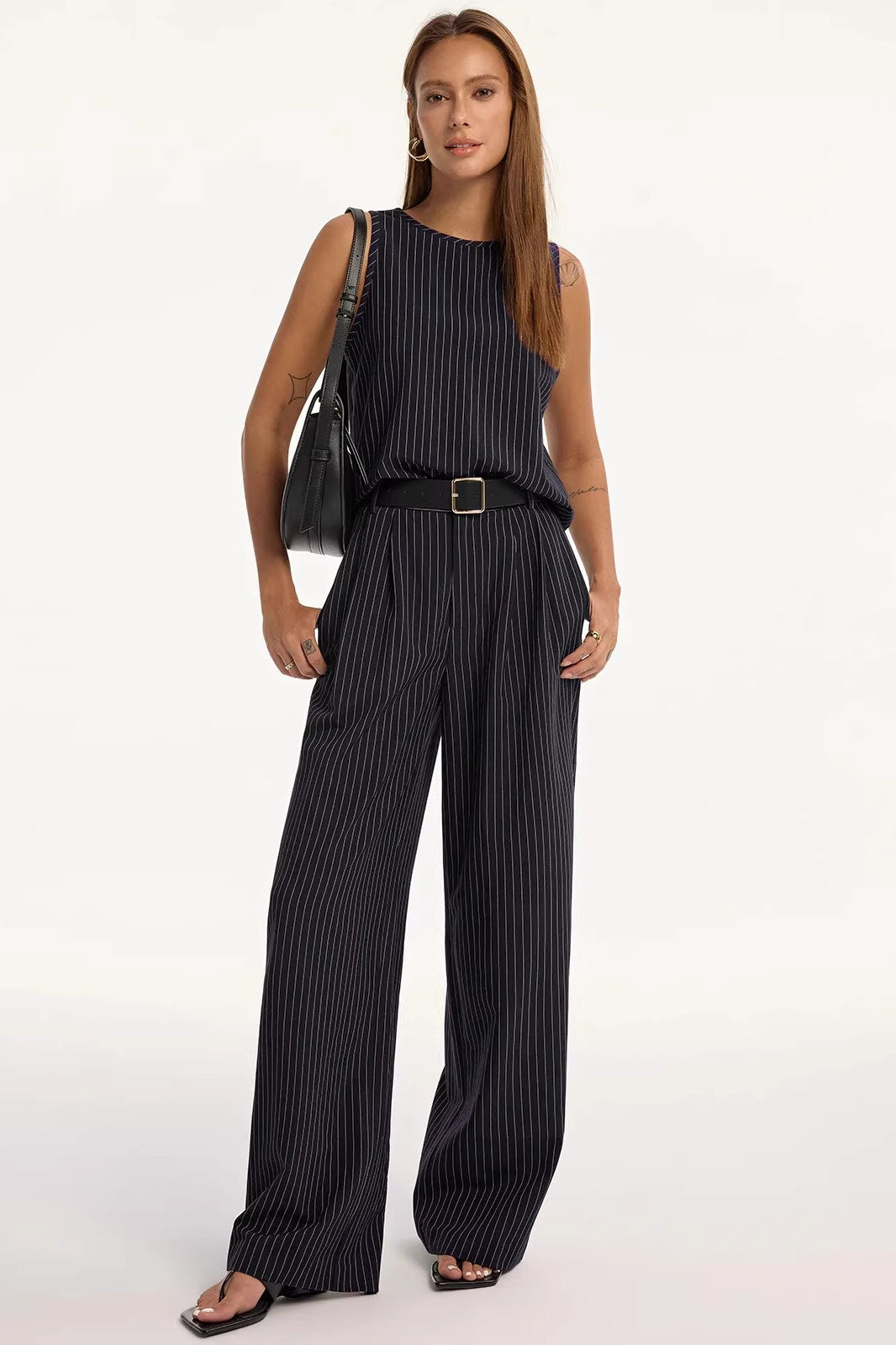Stripe Crew Sleeveless High Waist Wide Leg Work Set