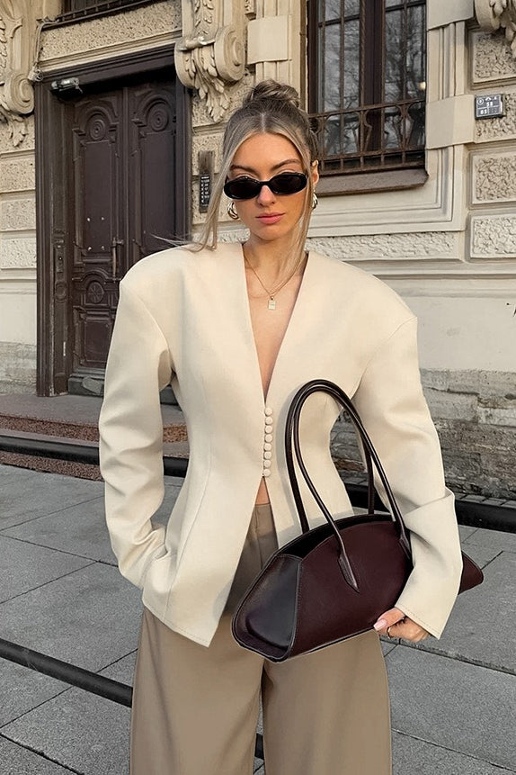 Chic Beige Structured VNeck Coat
