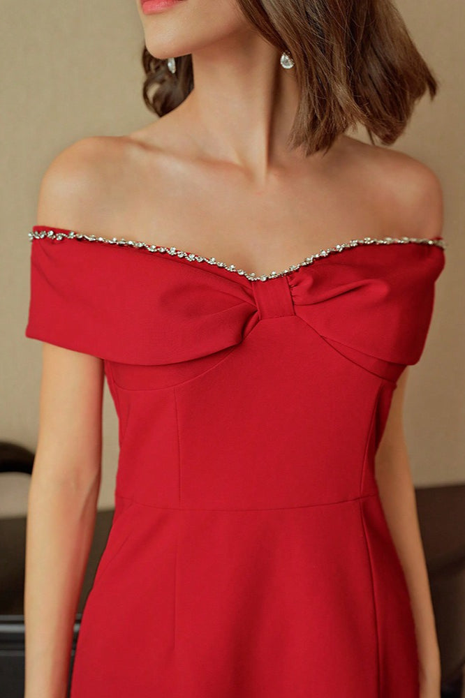 Red Off Shoulder Butterfly Embellished Bodycon Dress 4