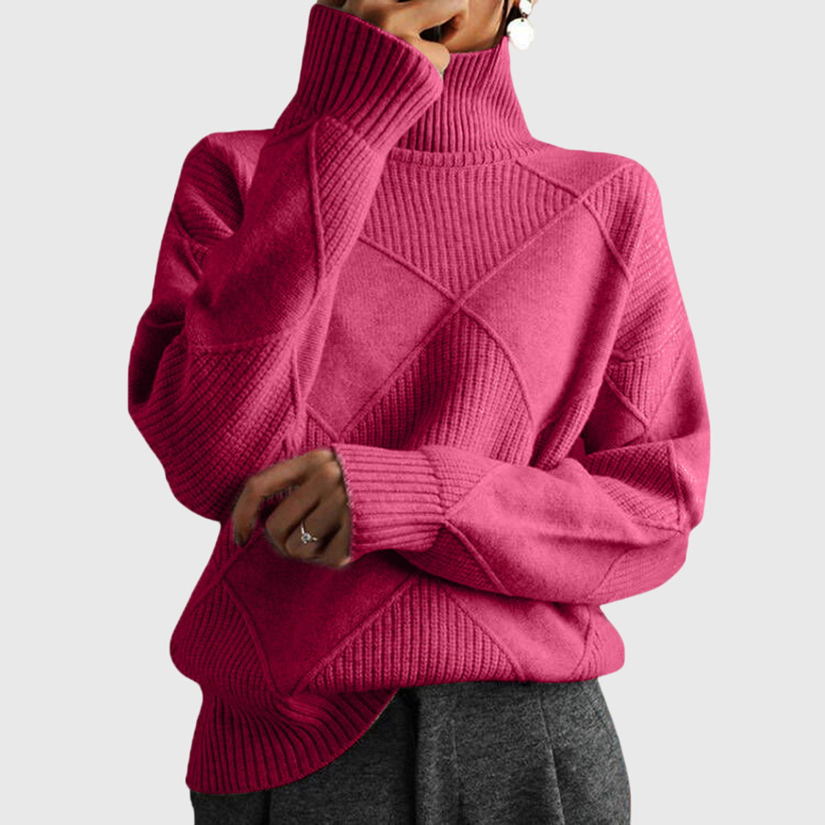 Turtleneck Diamond Textured Knit Long Sleeve Sweater