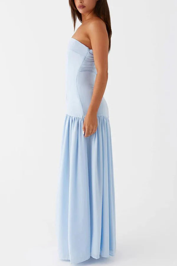 Lizzy Exclusive Strapless Semi Sheer Patchwork Chiffon Maxi Dress Statement Occasion Edit
