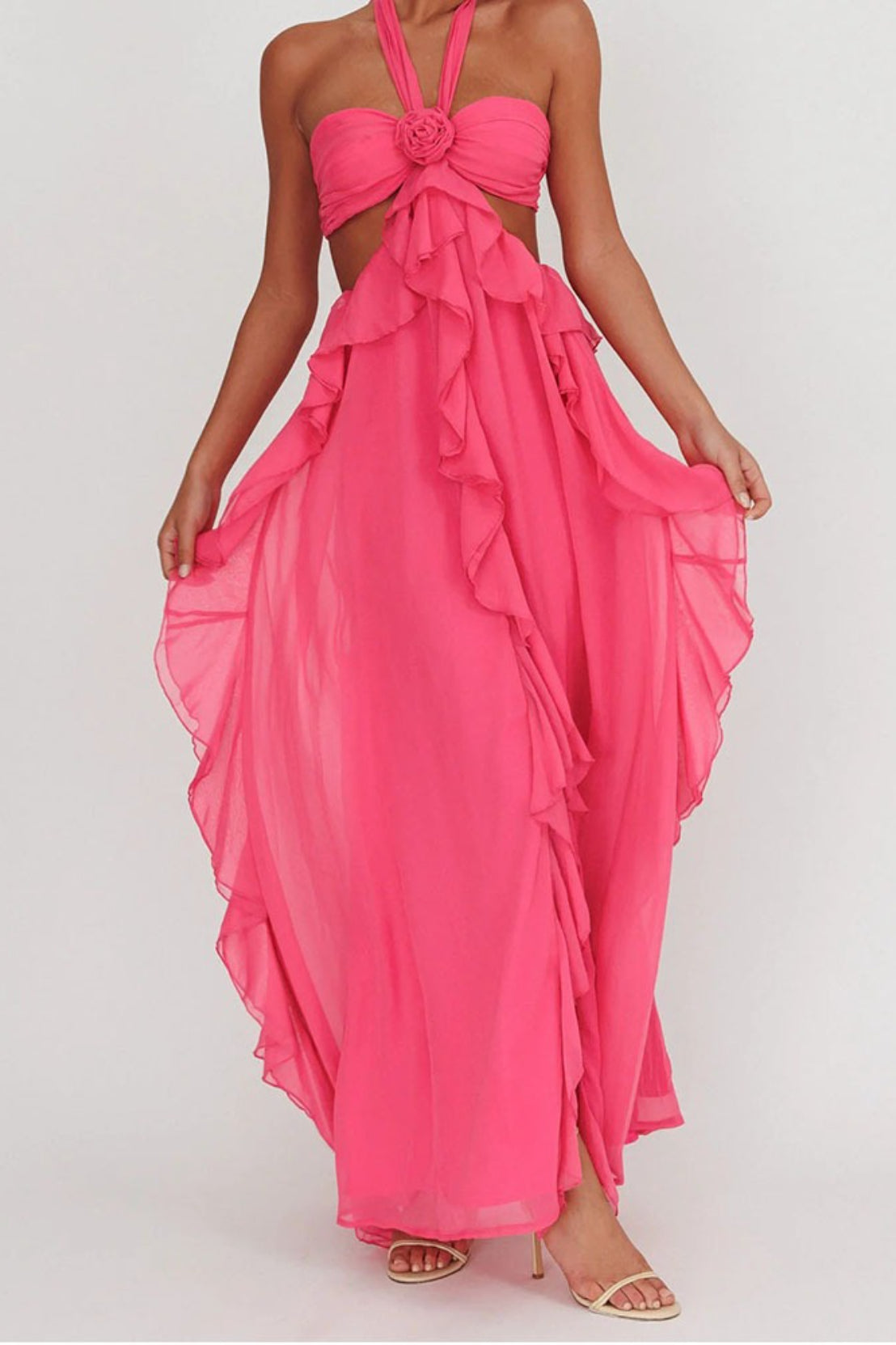 Backless Lace Up Ruffle Strapless Maxi Prom Dress
