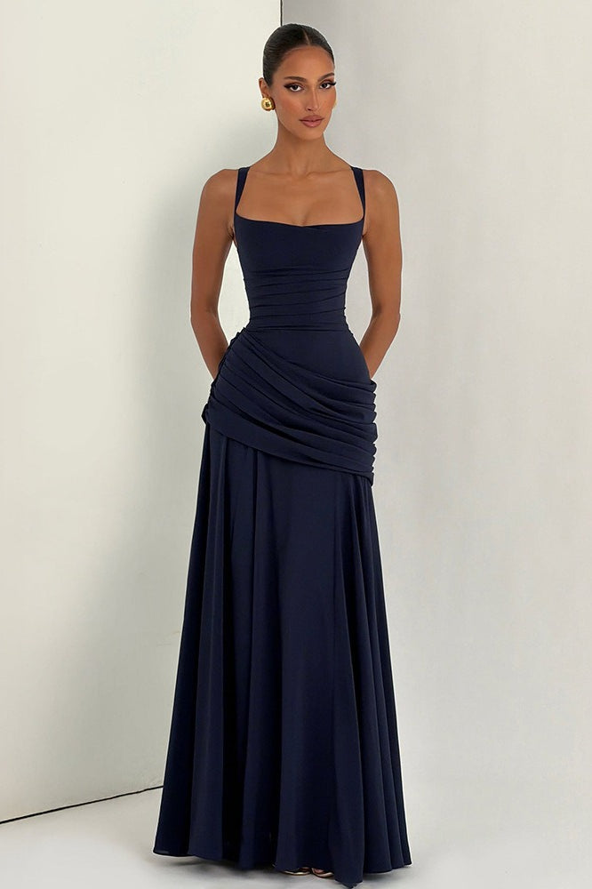 Solid Plunge Ruched Waist Backless Slip Dress