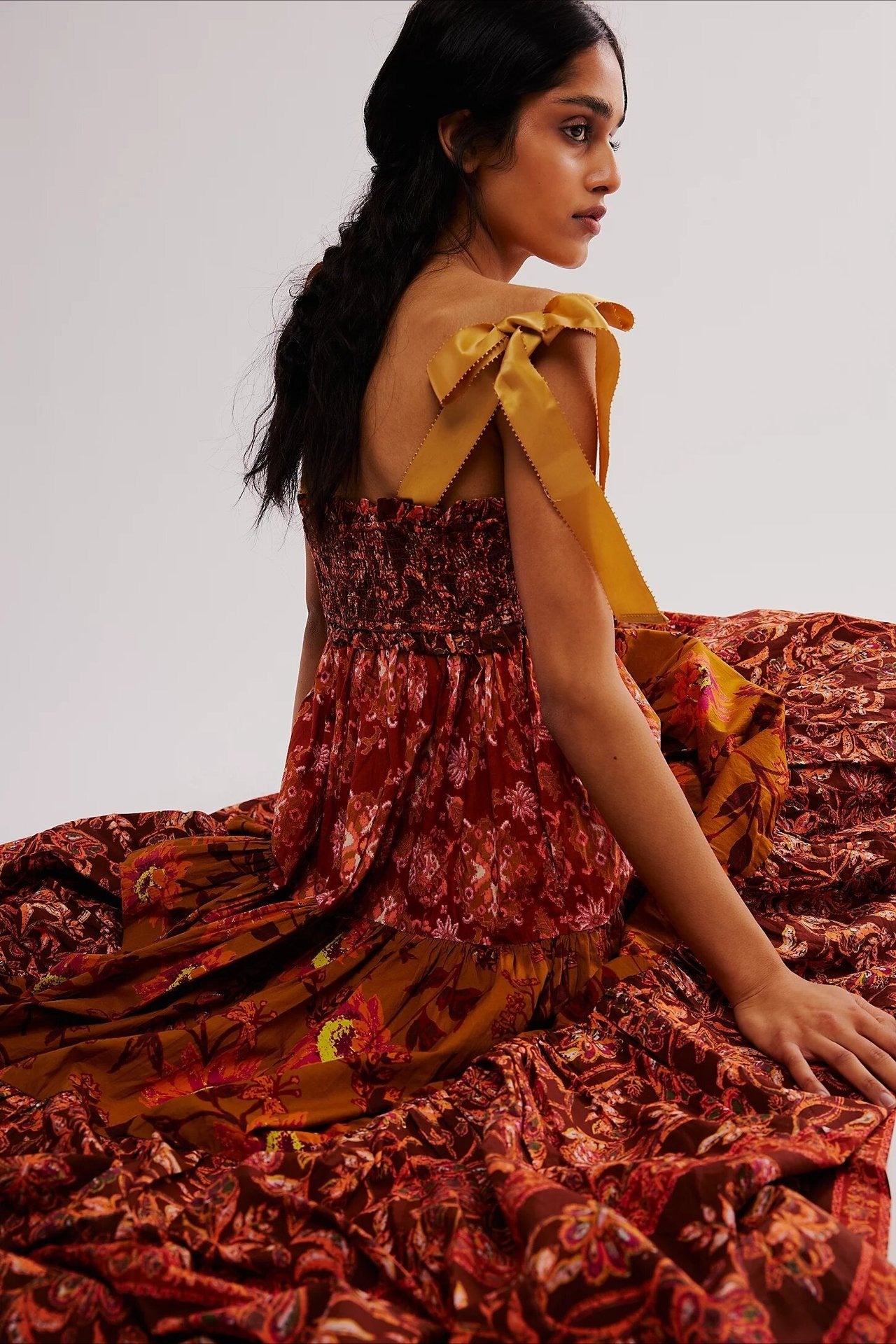 Smocked V Neck Bow Shoulder Strap Mixed Floral Tiered Maxi Dress 6