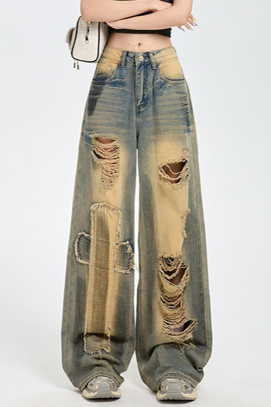 High Waist Distressed Wide Jeans