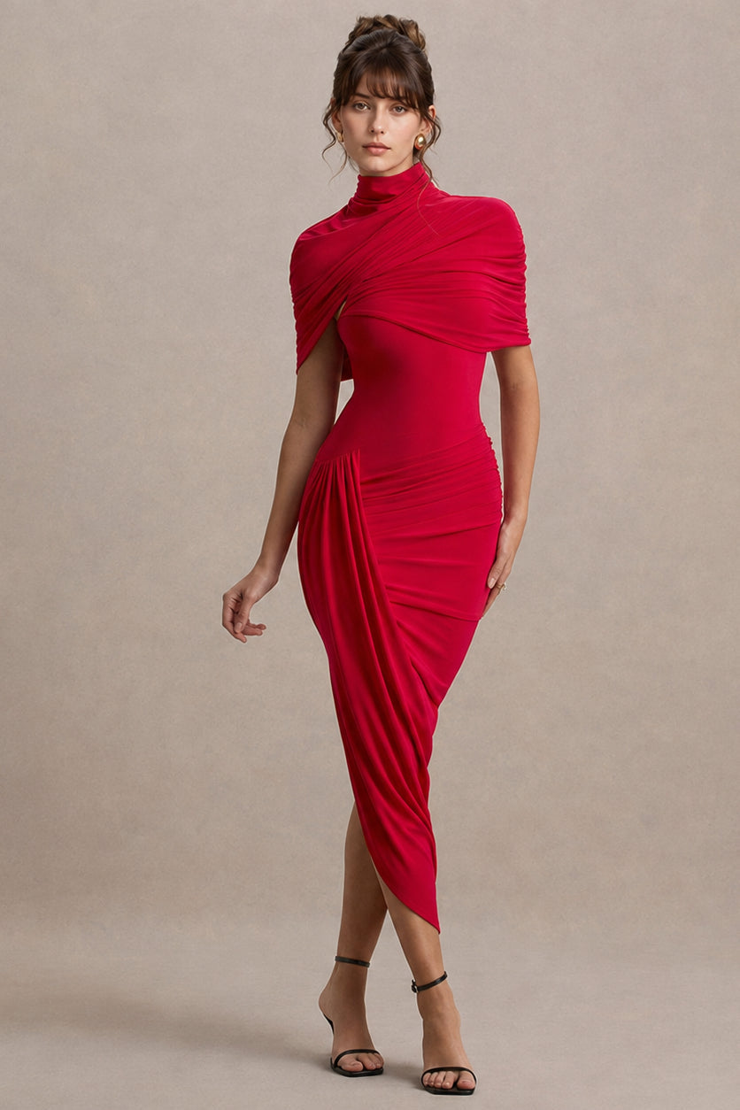 Solid Ruched Bodycon Cape Party Dress