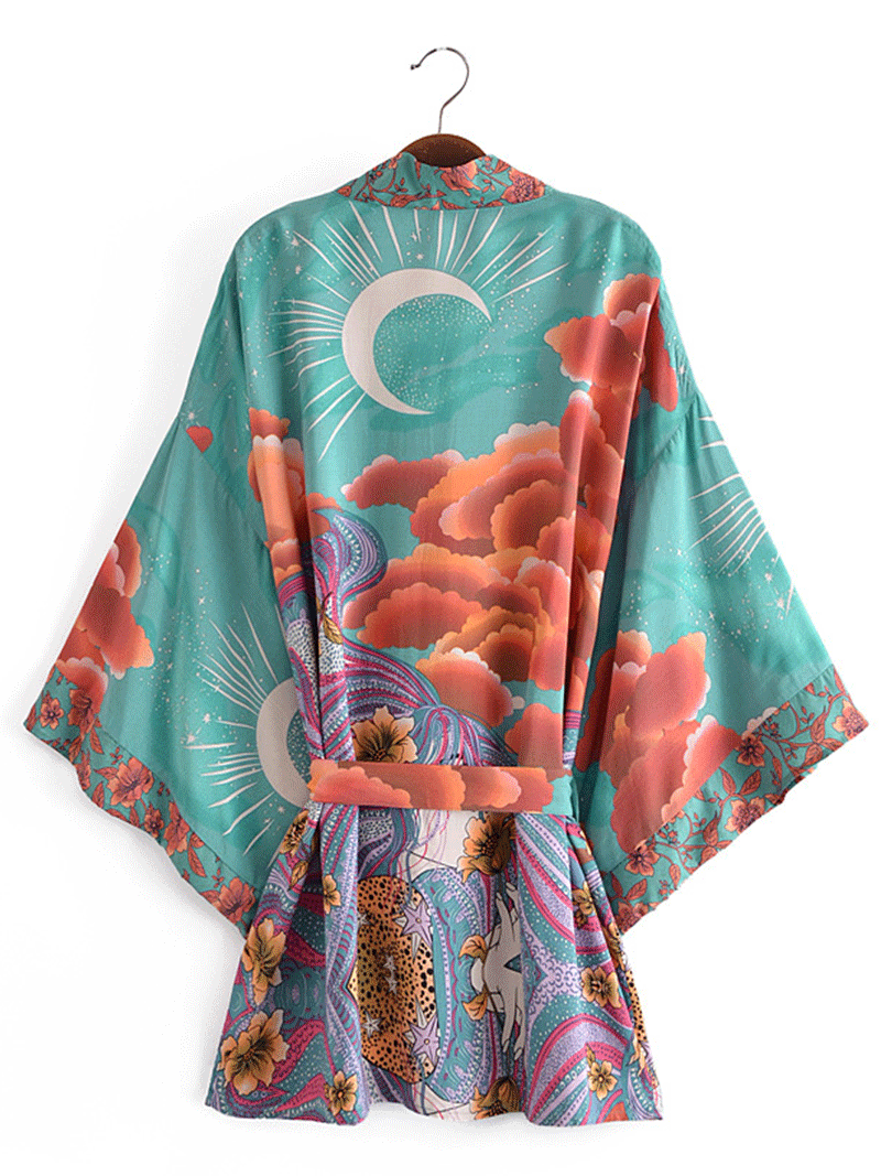 Green Celestial Floral Print Tie Waist Bell Sleeve Short Kimono