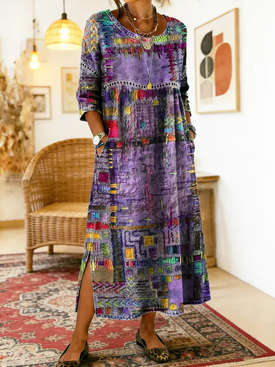 Round Neck Abstract Patchwork Print Long Sleeve Side Slit Maxi Dress