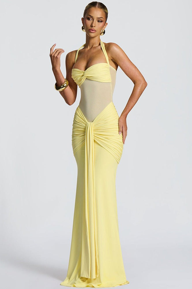 Mesh Paneled Fishtail Sash Bodycon Party Dress