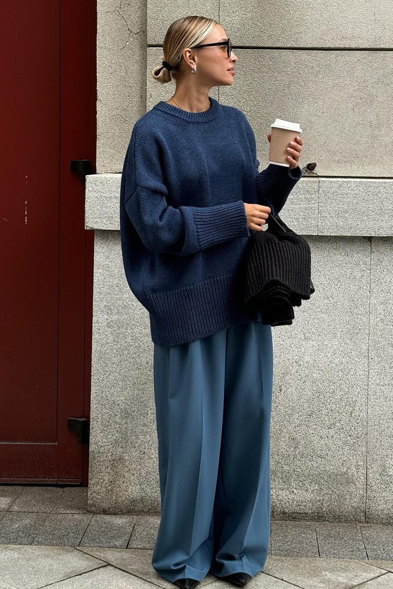 Classic Solid Crew Neck Relaxed Knit Sweater