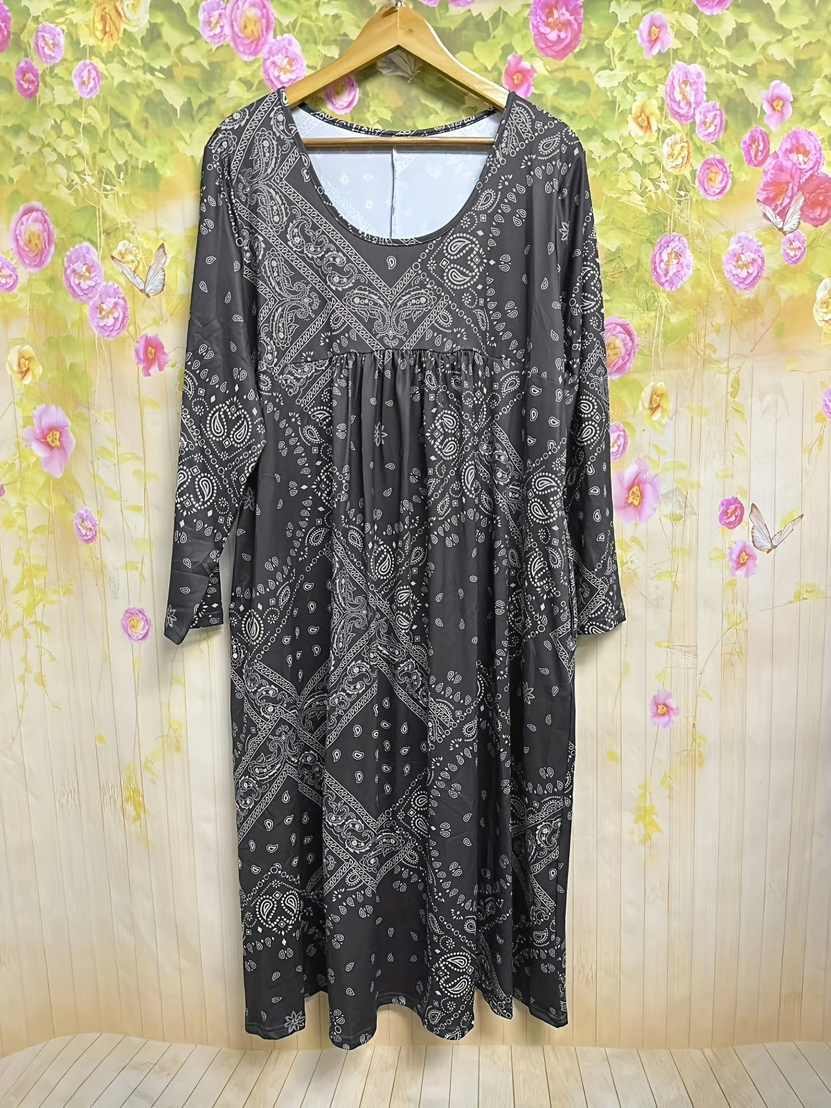 Square Neck Paisley Print Empire Waist Pocket Midi Dress 8