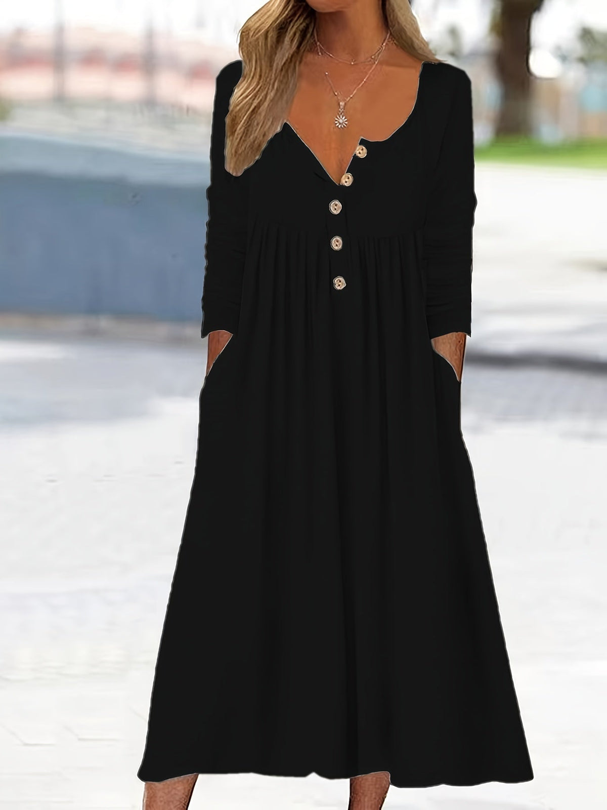 Henley Neck Button Front Long Sleeve Pocket A-Line Midi Dress