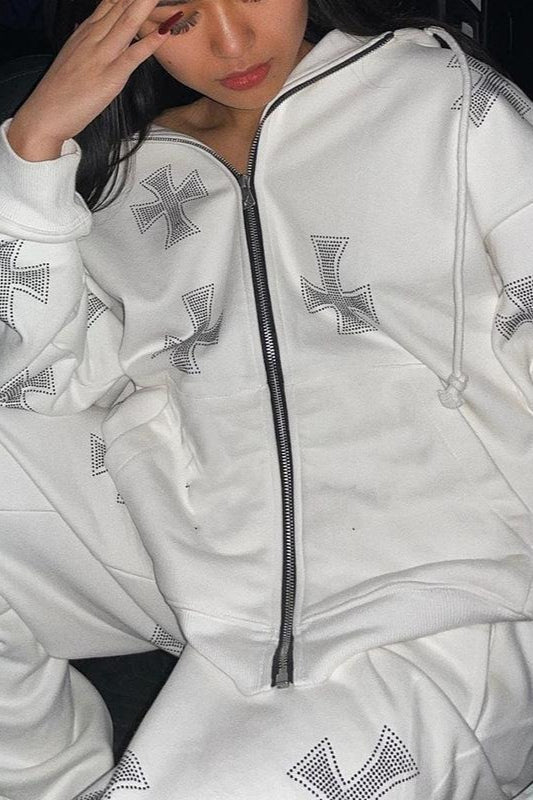 Cross Rhinestone Zip Loose Hoodie