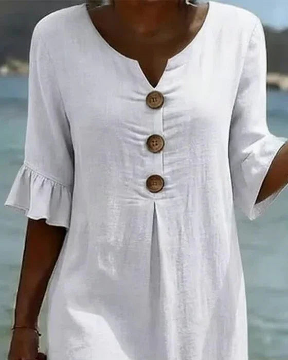 Notch Neck Bell Sleeve Button Front Pleated Shift Midi Dress 3