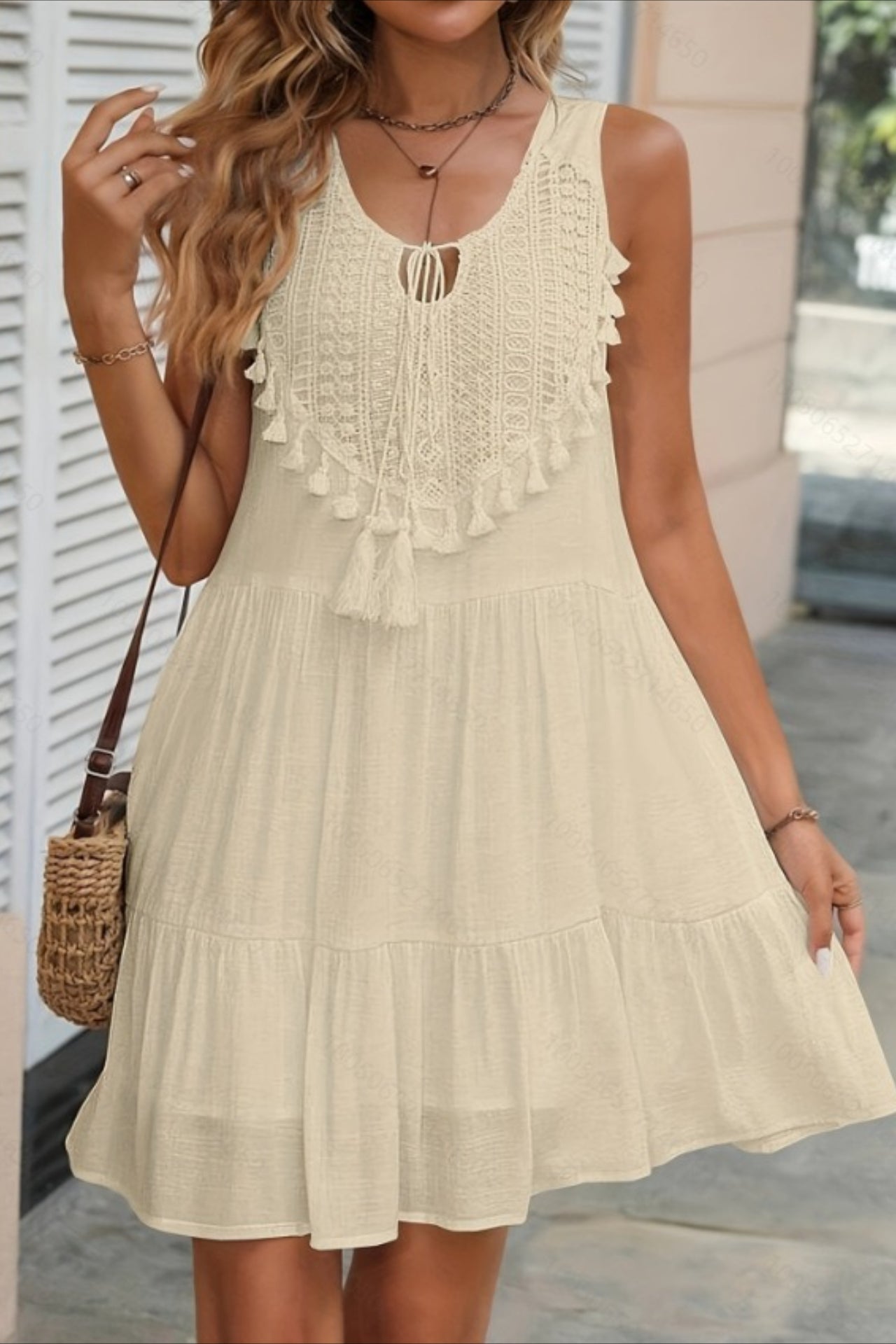 Keyhole Neck Crochet Lace Bib Tassel Tiered Mini Dress 3