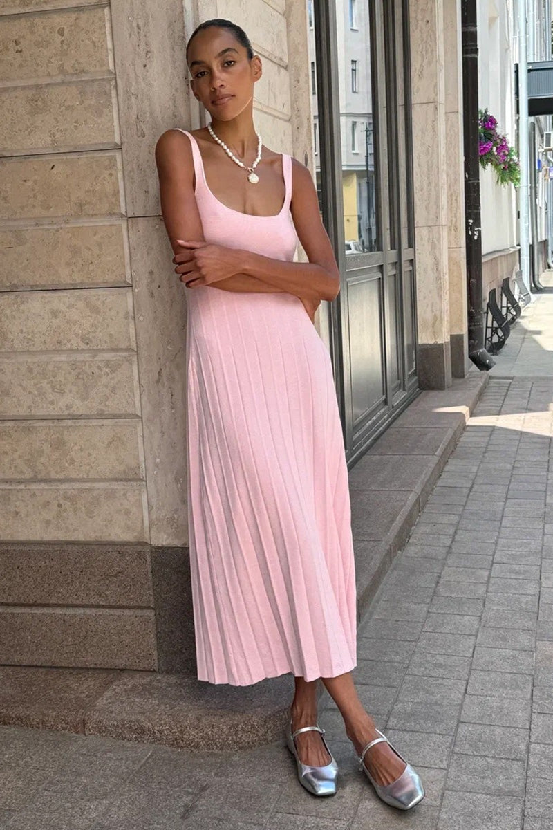 Knit Square Neck Pleated Slip Dress