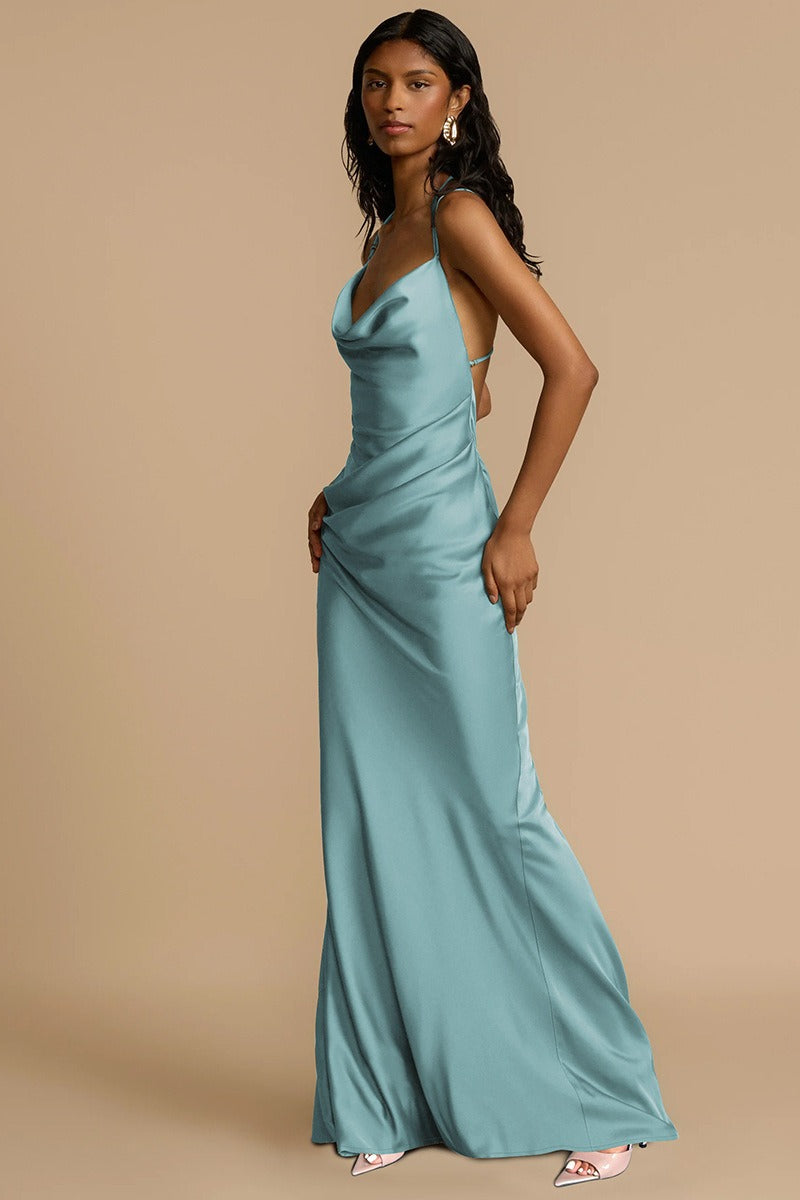 Solid Color Draped Collar Backless Evening Dress