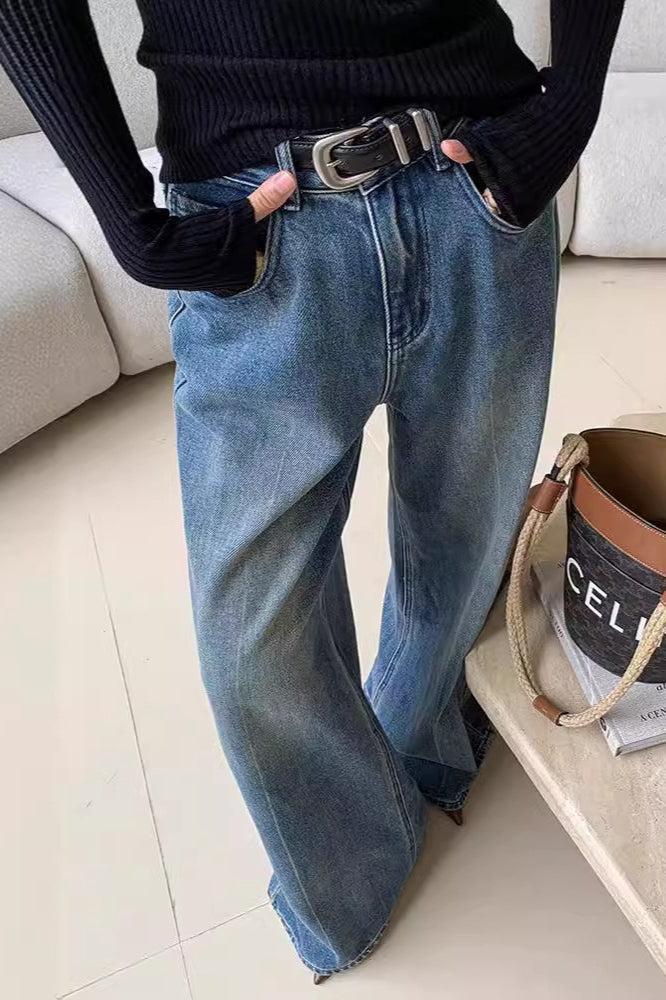 Blue Washed Casual High Waist Relaxed Long Jeans