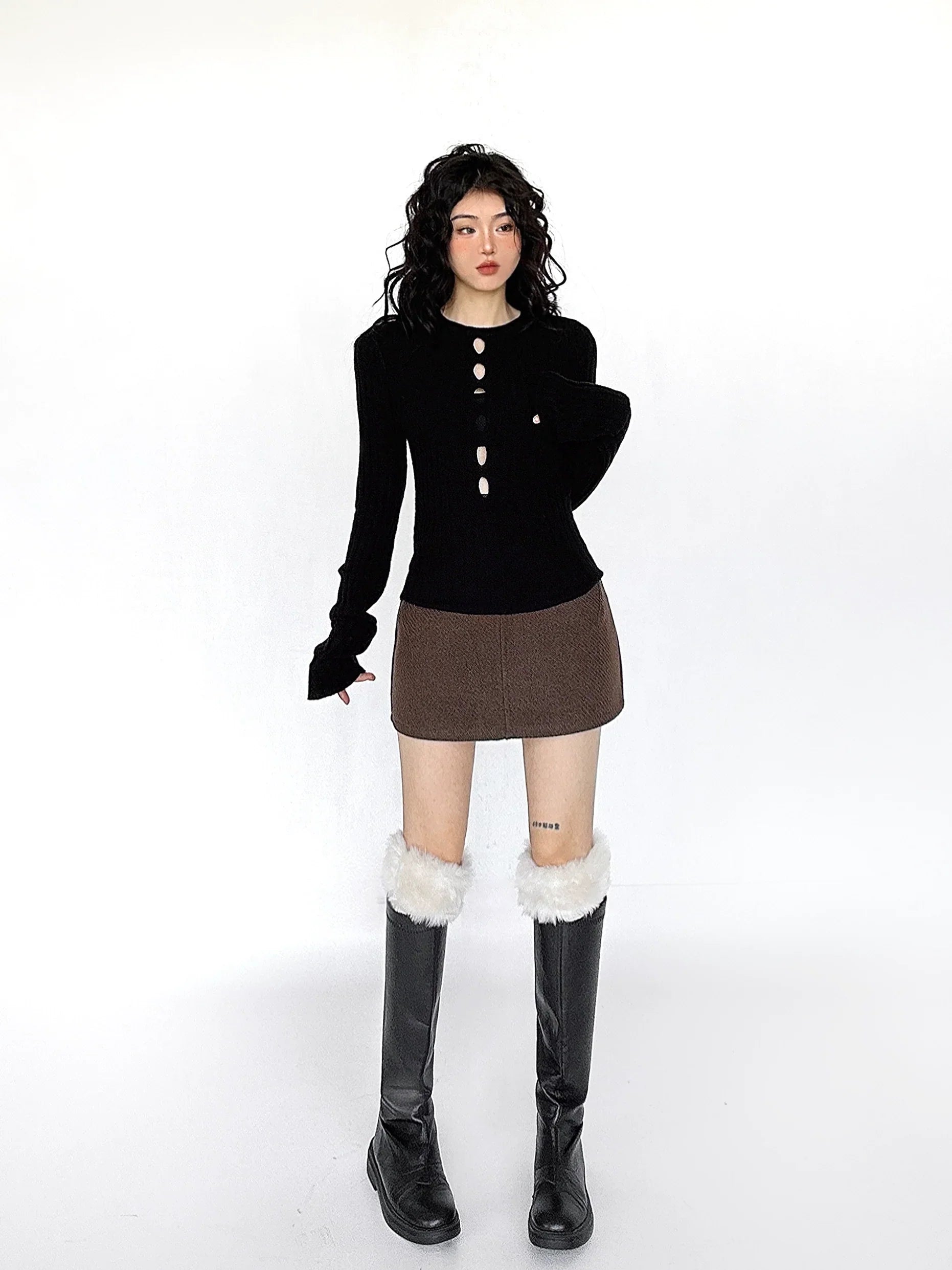 Cutout Ribbed Bell Sleeve Top