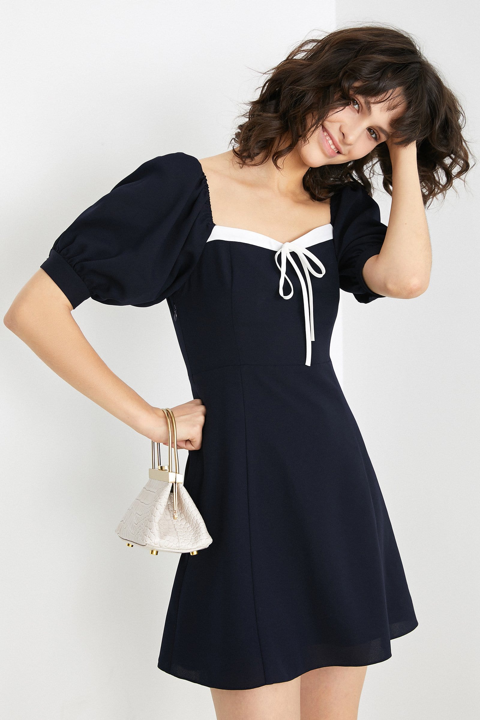 Draping Neckline Navy Mini Dress