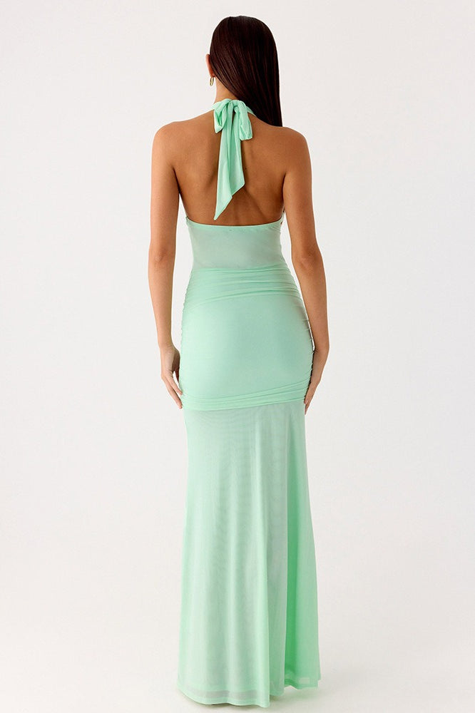 Deep V Halter Backless Sash Bodycon Party Dress