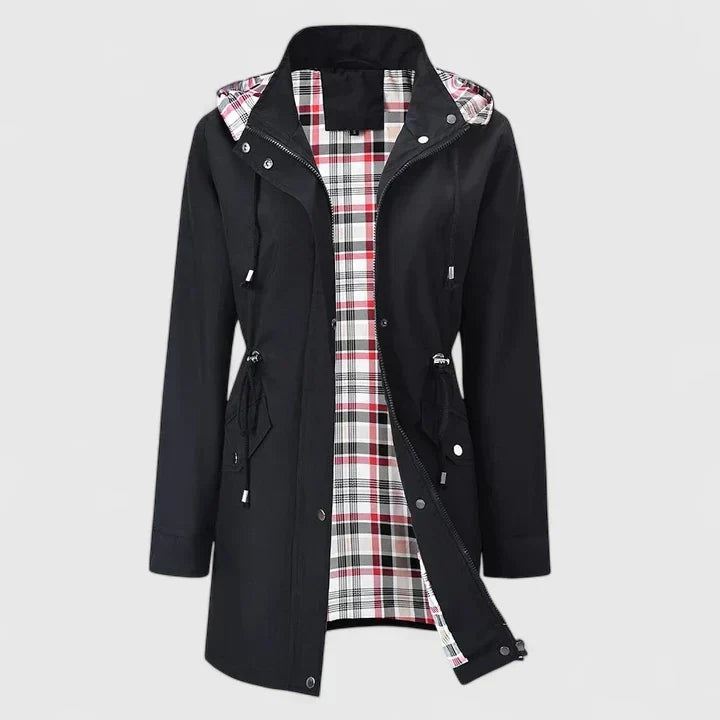 Hooded Plaid-Lined Drawstring Waist Zip-Front Longline Jacket