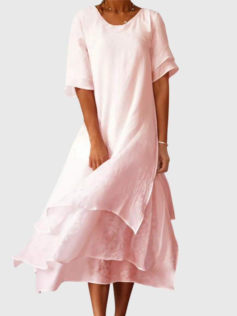 Round Neck Short Sleeve Tiered Layered Chiffon A-Line Midi Dress