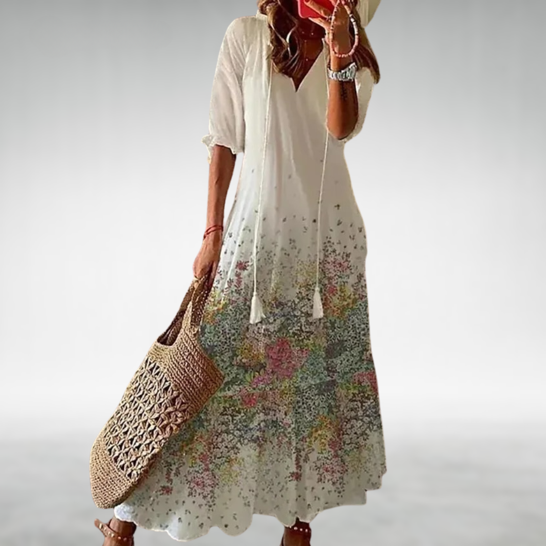 V-Neck Tie Floral Half Sleeve Flowy A-Line Maxi Dress