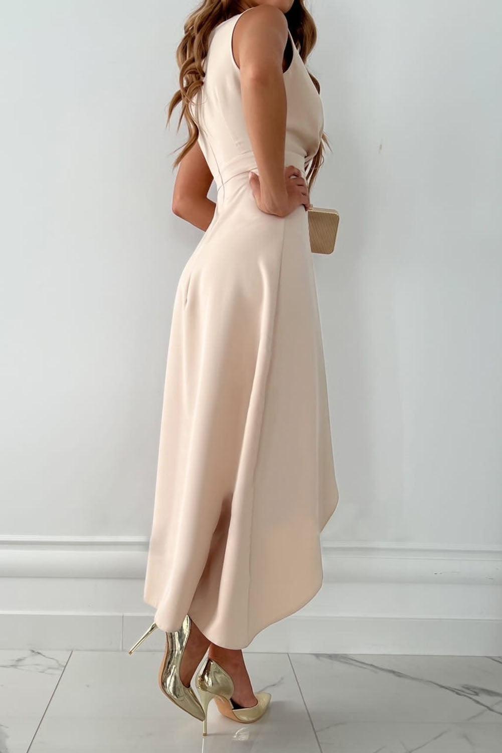 Beige V-Neck Sleeveless Satin Ruffle Wrap High-Low Midi Dress