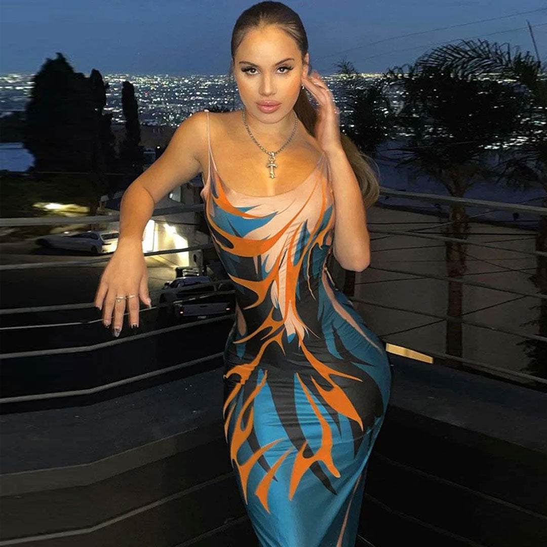 Multicolor Spaghetti Strap Abstract Print Scoop Neck Bodycon Slip Maxi Dress