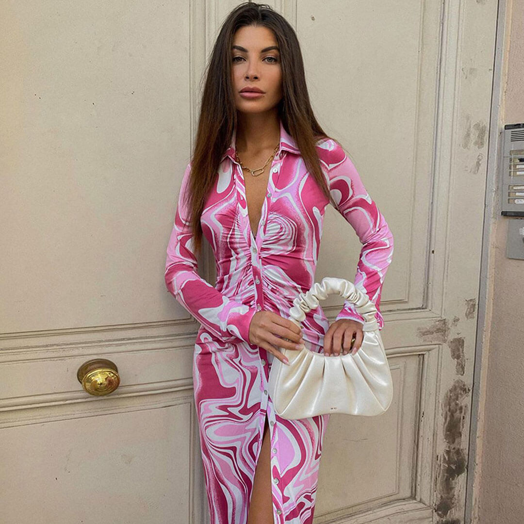 Pink Abstract Print Collared Button Up Long Sleeve Ruched Shirt Midi Dress