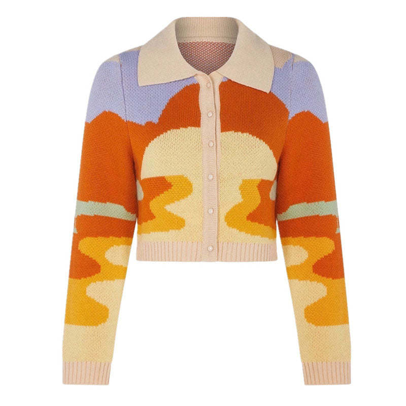 Orange Abstract Swirl Pattern Collared Button Up Long Sleeve Cropped Cardigan