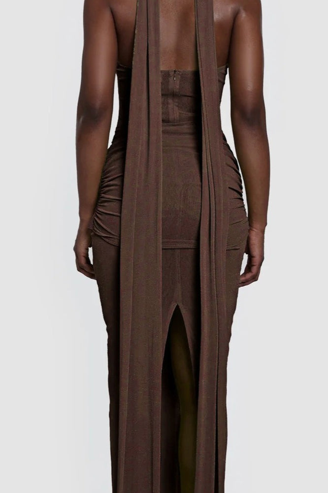 Silver Ribbon Backless Waist Cinch Maxi Bodycon Dress