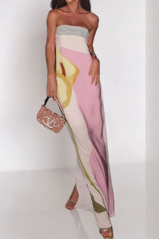 Strapless Oversized Abstract Floral Placement Print Column Maxi Dress 7