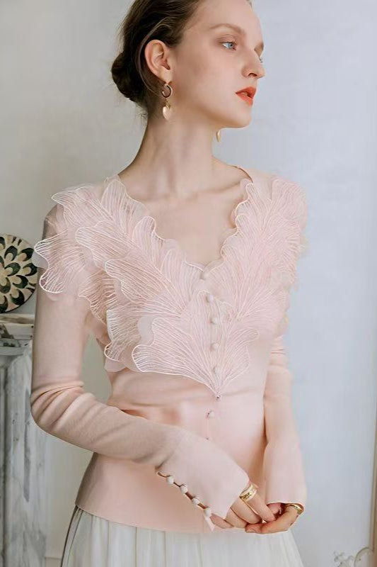 3D Floral Lace VNeck Knit Top
