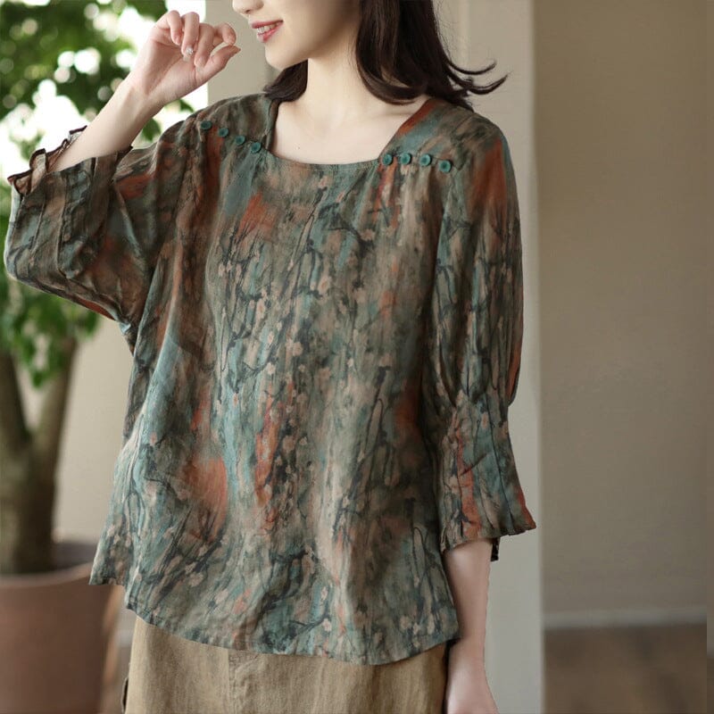 Spring Retro Print Loose Linen Patchwork T-shirt