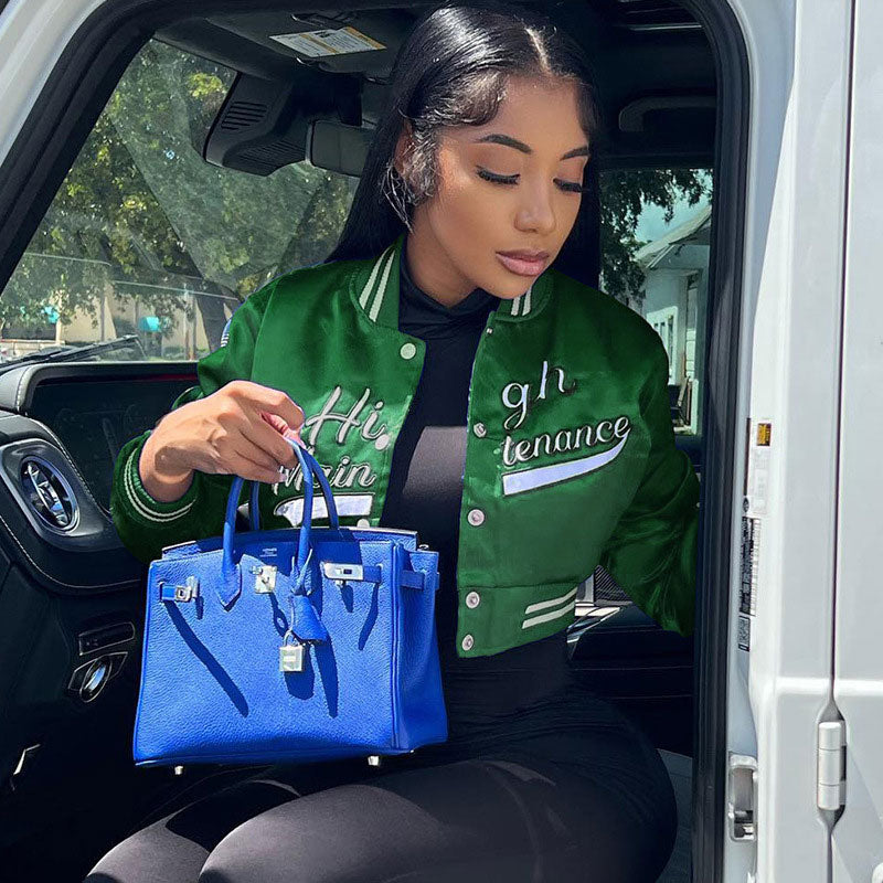 Emerald Green Letter Print Button Up Cropped Varsity Bomber Jacket