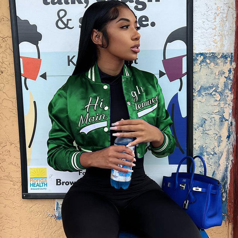 Emerald Green Letter Print Button Up Cropped Varsity Bomber Jacket
