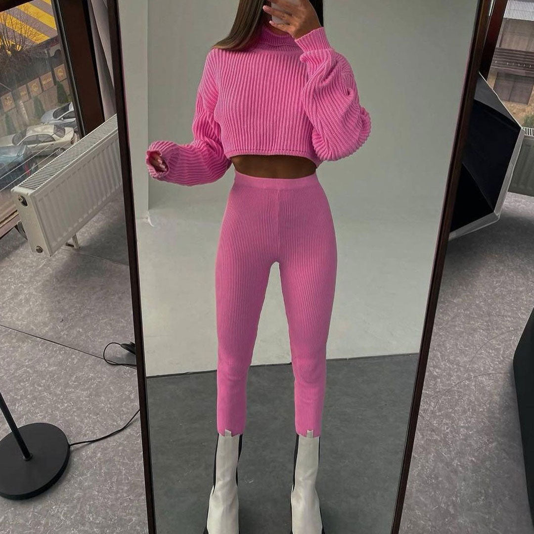 Pink Turtleneck Rib Knit Cropped Sweater Pants Matching Set