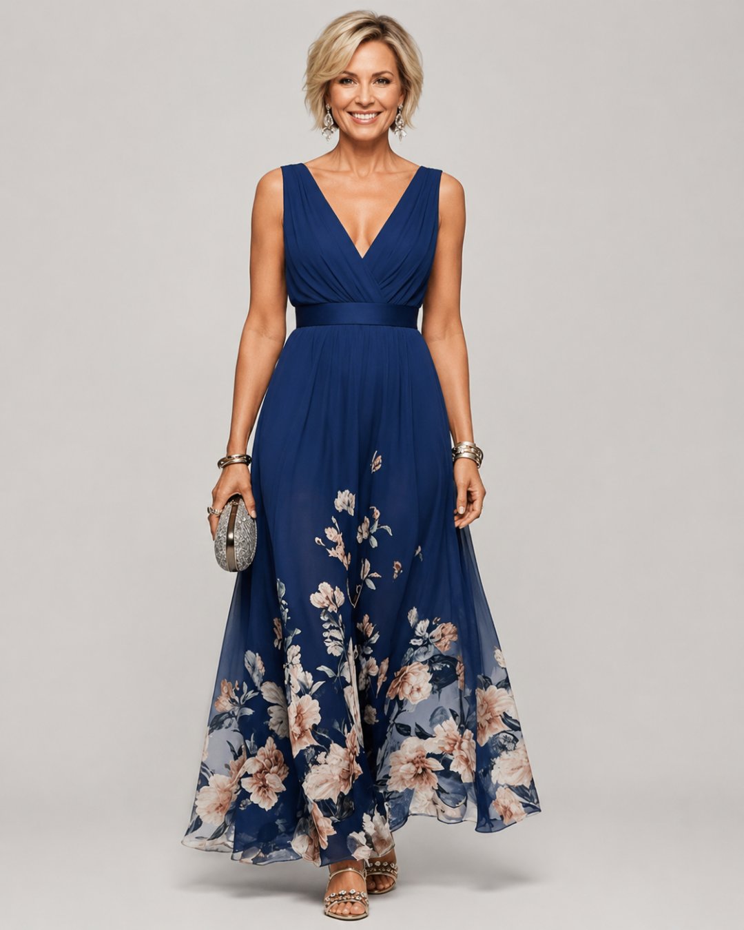 Surplice V-Neck Sleeveless Floral Border Chiffon A-Line Maxi Dress