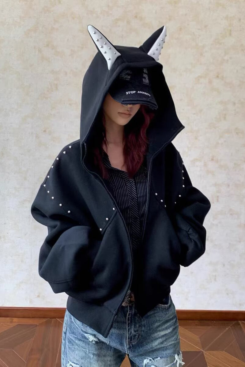American Panel Rivet Doberman Ear Hoodie