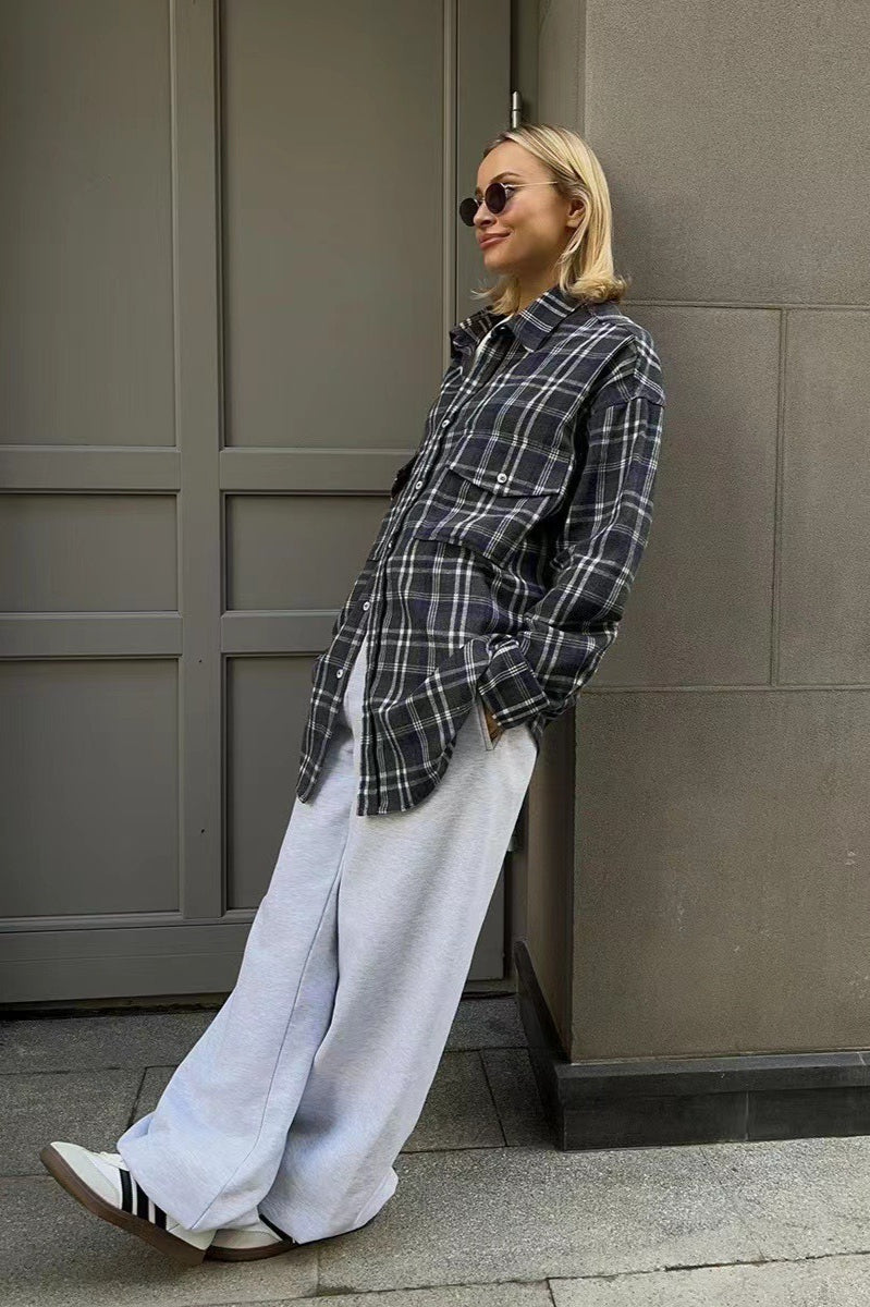 Vintage American Plaid Double-Pocket Mid-Length Blouse