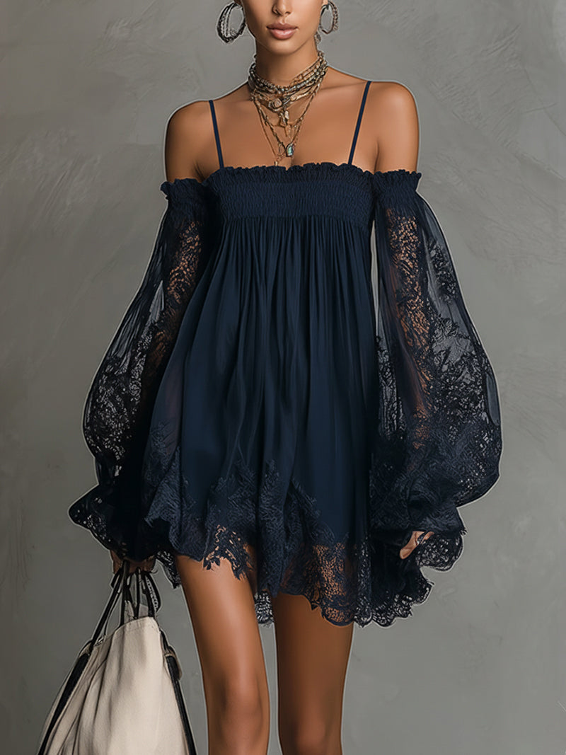 Navy Blue Off-Shoulder Smocked Lace Trim Sheer Sleeve Babydoll Mini Dress
