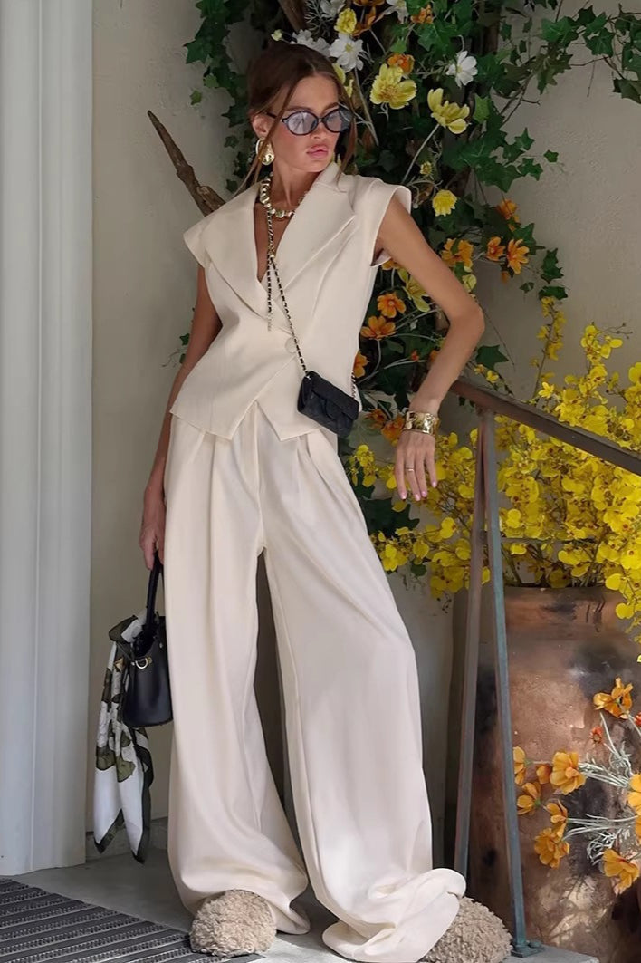 Sleeveless Lapel Two Piece Work Set