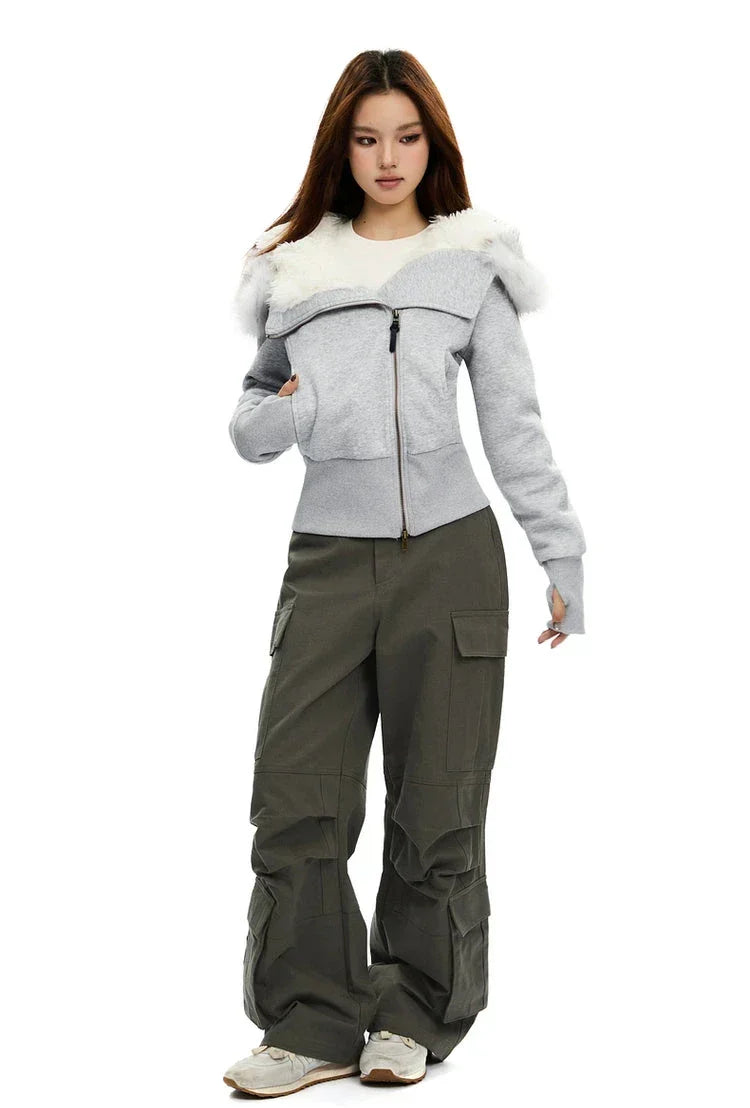Fleece-Lined Hooded Fur-Collar Zip Short Jacket